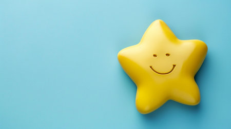 A cheerful yellow star toy with a smiling face on a vibrant blue background, perfect for conveying joy and playfulness in children's themes and designs.の素材
