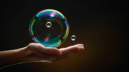 A captivating image of a hand delicately holding a colorful bubble, showcasing intricate reflections and vibrant colors against a dark background.の素材
