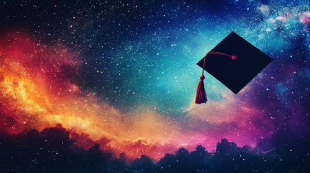 A graduate cap floats against a vibrant cosmic background, symbolizing educational achievement and dreams of the future. The colorful nebula inspires imagination.の素材