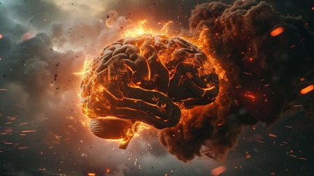 This striking image illustrates a brain engulfed in flames amidst a dramatic backdrop. It symbolizes the fusion of creativity, intellect, and explosive energy in the human mind.の素材