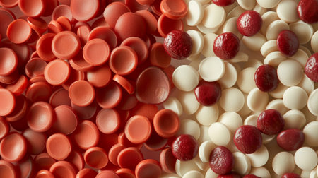 A visually appealing composition of red and white candy pieces arranged beautifully. This colorful assortment captures the essence of sweets and confectionery indulgence.の素材