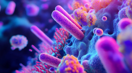 Explore a captivating microscopic view of bacteria and microorganisms, showcasing vibrant colors and intricate details, suitable for scientific and educational themes.の素材