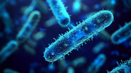 This captivating image showcases a close-up view of bacteria under a microscope, featuring intricate details and a vibrant blue background, perfect for educational and scientific purposes.の素材