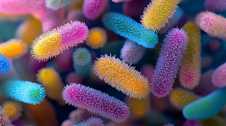 Explore a vivid microscopic view of colorful bacteria, showcasing the beauty and diversity of microorganisms in nature. Ideal for educational and scientific purposes.の素材
