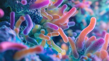 This captivating abstract image showcases a vibrant coral reef filled with colorful microorganisms, highlighting the delicate textures and shapes of underwater life.の素材