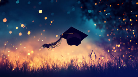 A graduation cap floats gracefully in the air during a magical sunset, surrounded by sparkling lights and a serene grass background. This image captures the essence of achievement and celebration.の素材
