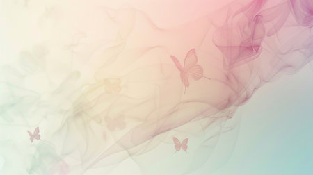 This serene abstract background features ethereal waves of soft colors with delicate butterflies, creating a dreamy and calming atmosphere perfect for various creative projects.の素材