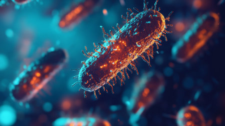 This vibrant digital artwork showcases a close-up view of bacteria in a striking microscopic perspective, highlighting their complex structures and colorful details.の素材