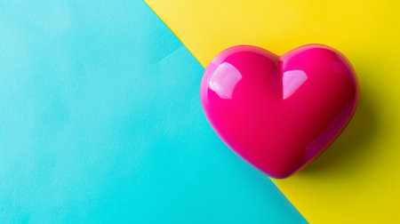 A vibrant pink heart sits atop a contrasting yellow and blue background. This cheerful composition evokes feelings of love, joy, and creativity, perfect for various themes.の素材