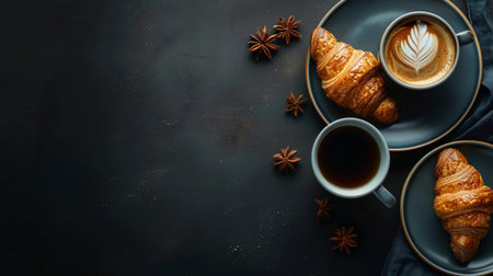 A cozy breakfast scene featuring warm coffee and a fresh croissant on dark plates, accented by star anise, perfect for food lovers and cafの素材