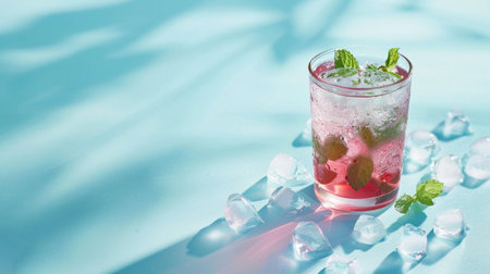 A vibrant cold drink featuring mint leaves and ice, perfect for summer refreshment. The drink sits on a clean blue background, evoking a sense of relaxation.の素材