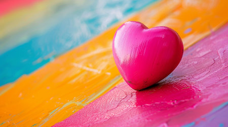 A vibrant pink heart rests on a colorful abstract painted background, symbolizing love and joy. Perfect for art and decoration themes.の素材