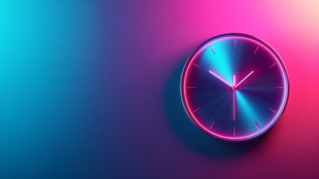 This image features a modern wall clock with neon lights on a vibrant gradient background. The blend of colors adds a stylish touch to any interior space.の素材