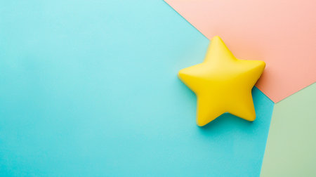 A vibrant yellow star rests on a colorful pastel background featuring geometric shapes. The playful arrangement evokes a sense of creativity and joy in design.の素材