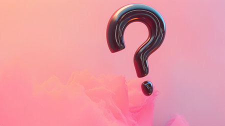 A striking abstract question mark floats above soft pink flower petals, evoking mystery and inquiry. The serene background enhances elegance and creativity.の素材
