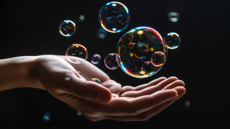 A captivating image showcasing a pair of hands reaching for vibrant, floating bubbles against a dark backdrop. The scene captures the essence of playfulness and joy.の素材