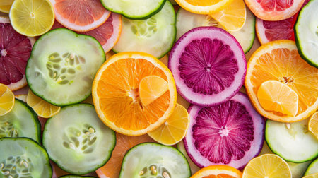 A vibrant, colorful arrangement of fresh fruit and cucumber slices, showcasing the beauty of healthy eating and natural ingredients for culinary inspiration.の素材