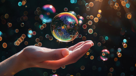 A delicate hand releases a vibrant soap bubble into the sparkling air. This image captures the essence of joy and wonder, highlighting color, light, and magic.の素材