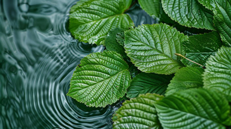 Lush green leaves float gracefully on a water surface, creating a serene atmosphere with gentle ripples. A beautiful representation of nature's harmony and tranquility.の素材