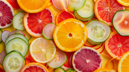 Explore a stunning flat lay of vibrant citrus and fresh vegetable slices showcasing the beauty of healthy ingredients. Perfect for culinary projects!の素材