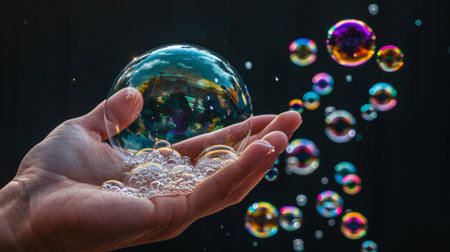 A captivating image of a hand holding colorful soap bubbles against a dark background, highlighting texture and movement. Bubbles shimmer and reflect light, evoking joy.の素材
