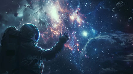 An astronaut reaches out into the vastness of space, surrounded by a colorful nebula, stars, and distant galaxies, capturing the sense of wonder and exploration.の素材
