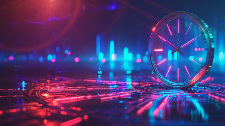 A striking futuristic clock featuring neon colors and vibrant light patterns. This visually captivating image blends modern design with digital elements, creating an immersive atmosphere.の素材