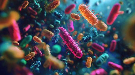 A captivating representation of colorful microbial life floating in a digital universe, showcasing the diversity and beauty of microscopic organisms in a vibrant and abstract way.の素材