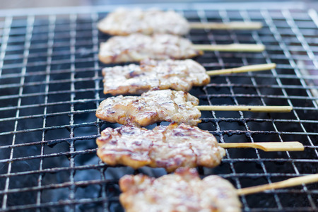 Closeup of grilled pork with sweet spicy sauce and sticky rice on plate: Thai street food.の写真素材