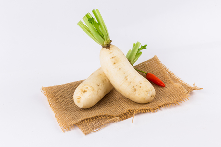 white fresh radishes on white background in market,Organic local  radish vegetables for sale at  asian marketplaceの写真素材
