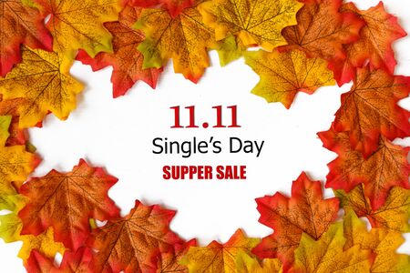 Online shopping of China, 11.11 single's day sale concept.text 11.11 single's day sale with maple leaf on white background.の写真素材