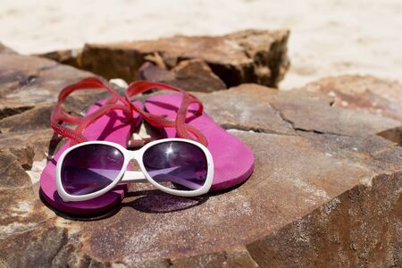 Summer vacation with concept Fashion sunglasses and Pink flip flopの写真素材
