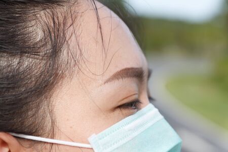 Close up of sport woman in medical protective mask.