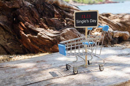 Online shopping of China, 11.11 single's day sale concept. The shopping cart and the text 11.11 single's day sale.の写真素材