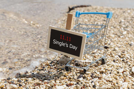 Online shopping of China, 11.11 single's day sale concept. The shopping cart and the text 11.11 single's day sale on the beach.の写真素材
