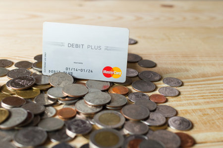 Chonburi,Thailand - October 20,2019 :  Coin money and credit card with space for text background....