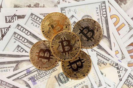 Bitcoin on the mock up cash. Cryptocurrency digital money Concept