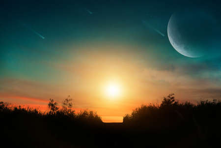 Fantasy landscape. Sun Set and the view of comet on the sky.