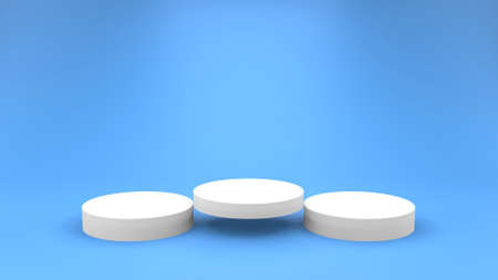 3d illustration. The three white podium shelf with blue summer background.の写真素材
