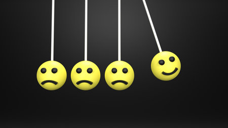 3d illustration. Business teamwork concept with emoticon happy and sad. Only one emoji is happy and...