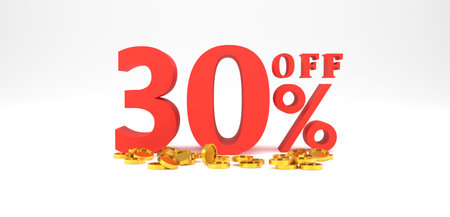 3D Rendering. 30 percent off with gold coin and white background. Special Offer 30% Discount Tag. Super sale offer and best seller.の写真素材