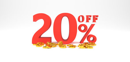 3D Rendering. 20 percent off with gold coin and white background. Special Offer 20% Discount Tag. Super sale offer and best seller.の写真素材