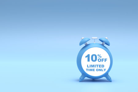 3D Rendering. 10 percent limied time offer with freespace for texting on pastel blue background....