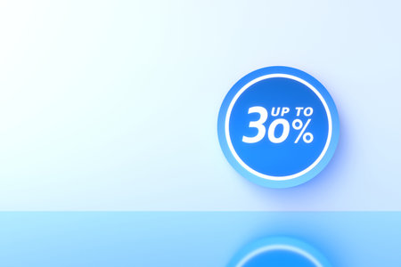 3D Rendering. 30 percent off with freespace for texting on pastel blue background. Special Offer 30% Discount Tag. Super sale offer and best seller.の写真素材