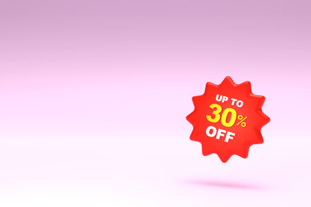 3D Rendering. 30 percent discount icon and free space for texting on pastel pink background. Special Offer 30% Discount Tag. Super sale offer and best seller.の写真素材