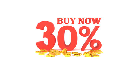 3D Rendering. 30 percent off with gold coin and white background. Special Offer 30% Discount Tag. Super sale offer when buy now.の写真素材