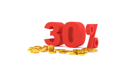 3D Rendering. 30 percent off with gold coin and white background. Special Offer 30% Discount Tag. Super sale offer.の写真素材
