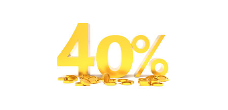 3D Rendering. 40 percent off with gold coin and white background. Special Offer 40% Discount Tag. Super sale offer and best seller.の写真素材