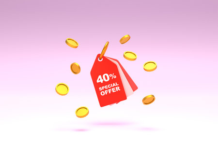 3D Rendering. Price tag with 40 percent discount and surrounded with coins on pastel pink background. Special Offer 40% Discount Tag. Super sale offer and best seller.の写真素材
