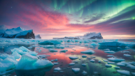 View of winter seascape with majestic icebergs. Winter seasonの素材